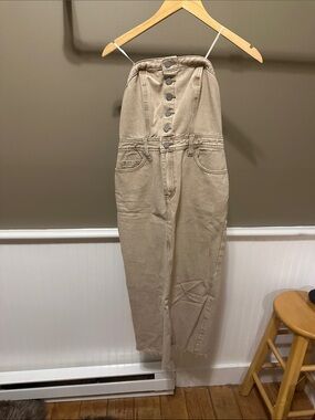 Sincerely Jules Beige Strapless Button-Front Jumpsuit